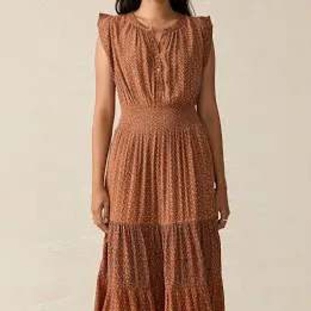 Faherty Woodstock Midi Dress Rust Orange Floral Tiered XS Boho Sleeveless